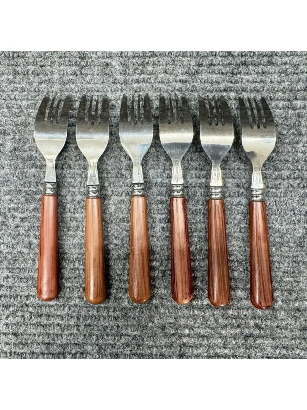 Faberware Silverware Lot Of 6 Small Forks Faux Wood Brown Handle Child Vintage